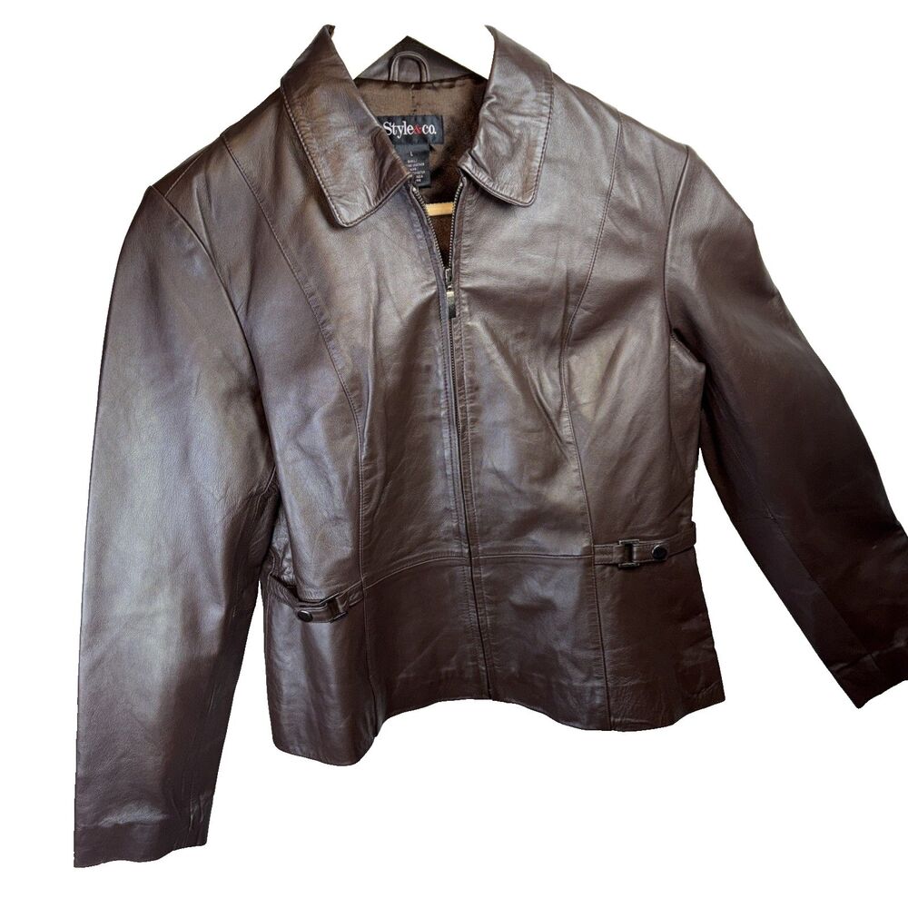 Style & Co Genuine Leather Jacket Womens L Brown Zip Front Buckle Moto Classic